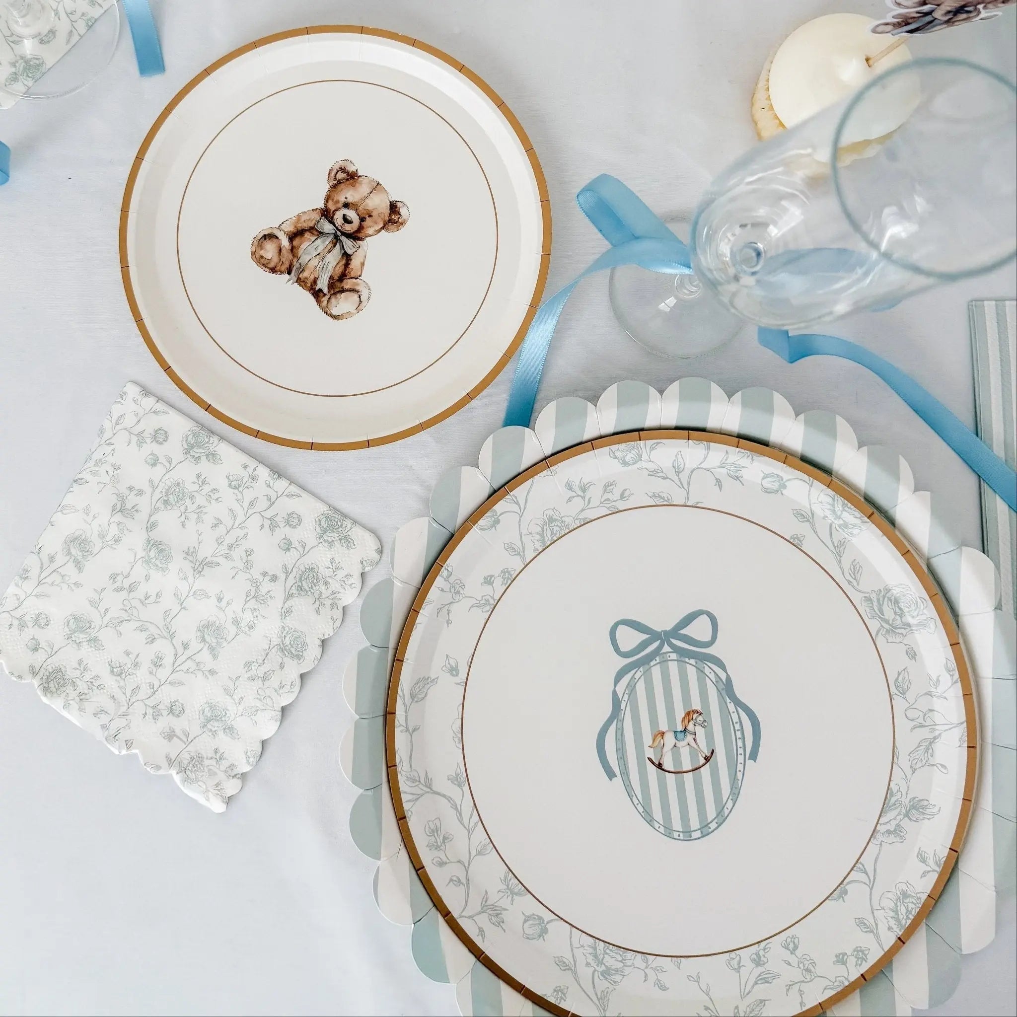 Baby Blue Floral Toile Scalloped Cocktail Napkins, 12pcs