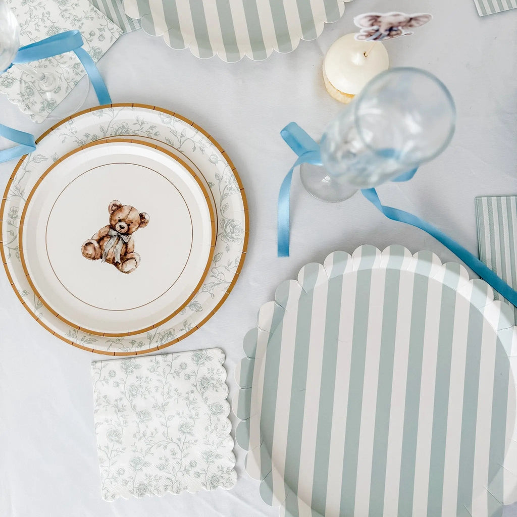 Baby Blue Floral Toile Scalloped Cocktail Napkins, 12pcs