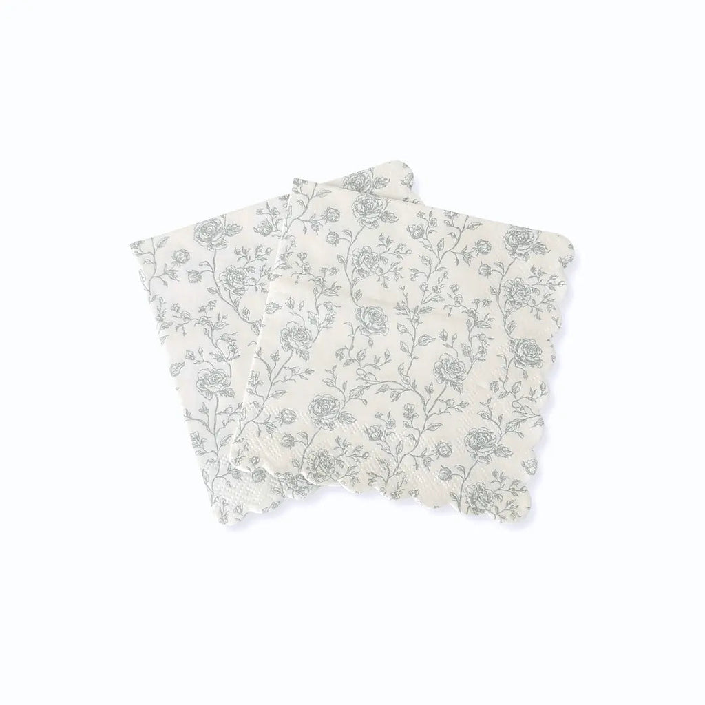Baby Blue Floral Toile Scalloped Cocktail Napkins, 12pcs