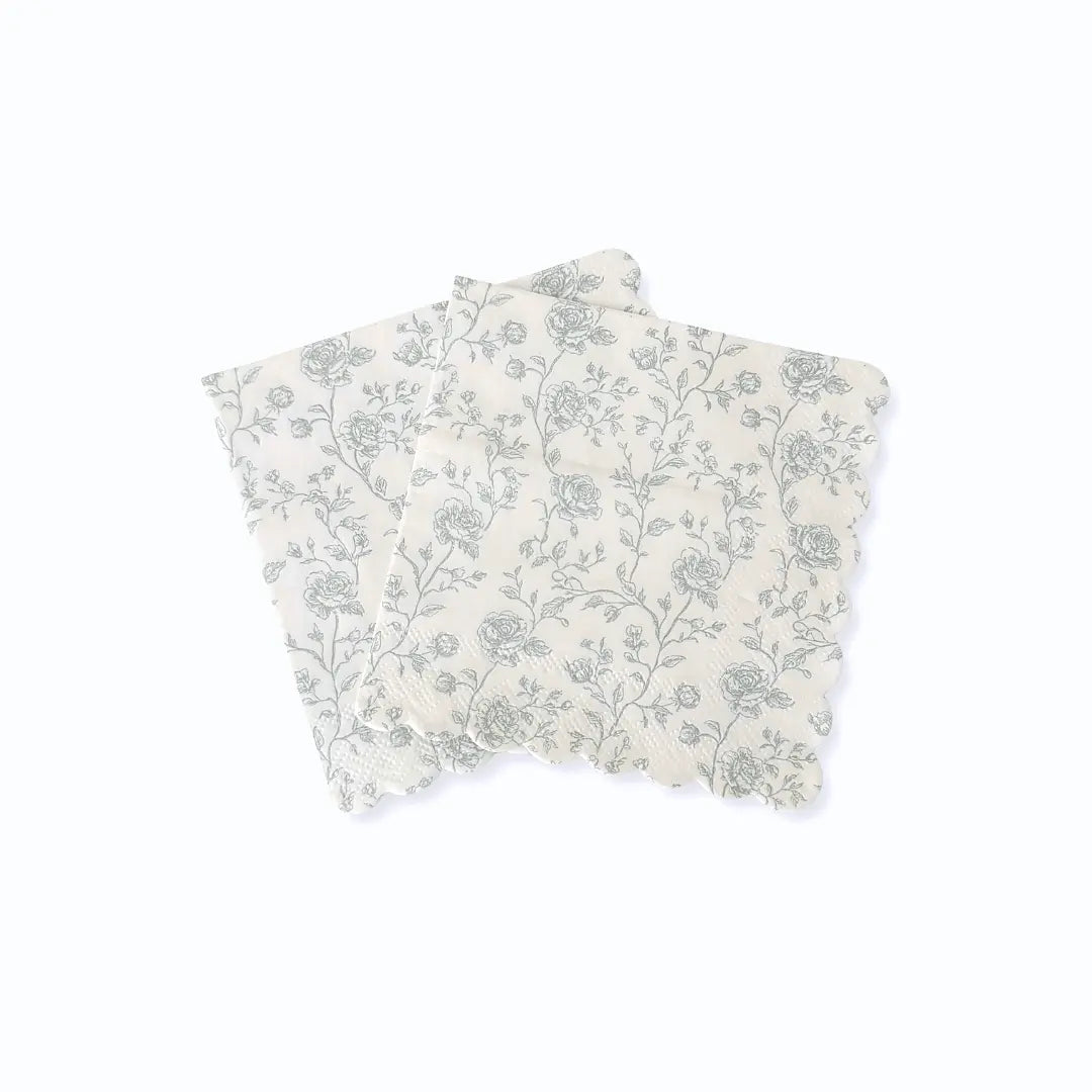 Baby Blue Floral Toile Scalloped Cocktail Napkins, 12pcs