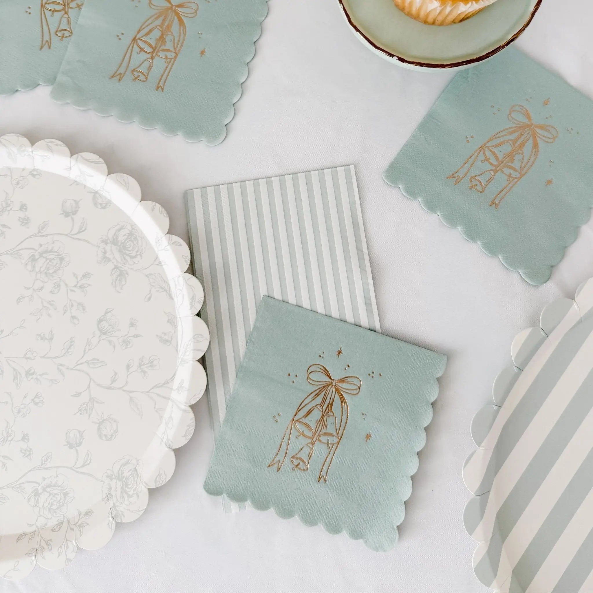Classic Striped Sea Foam Blue & White Scalloped Plates, 12pcs