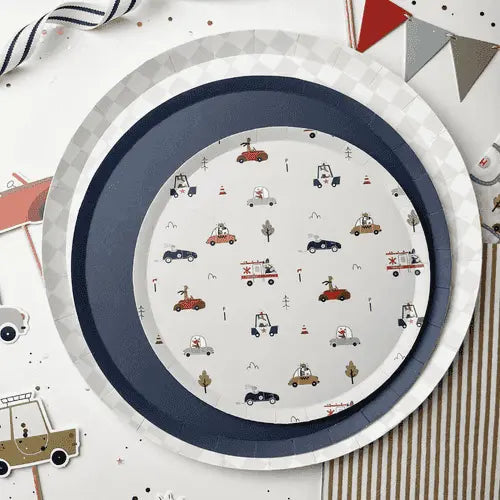 Car Patterned Birthday Dessert Plates – 7" Beige Plates (8pcs)