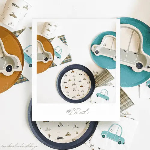 Car Patterned Birthday Dessert Plates – 7" Beige Plates (8pcs)