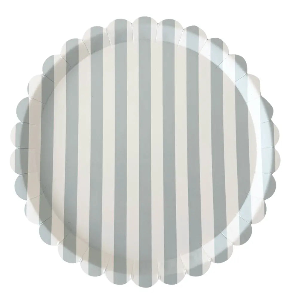 Classic Striped Sea Foam Blue & White Scalloped Plates, 12pcs