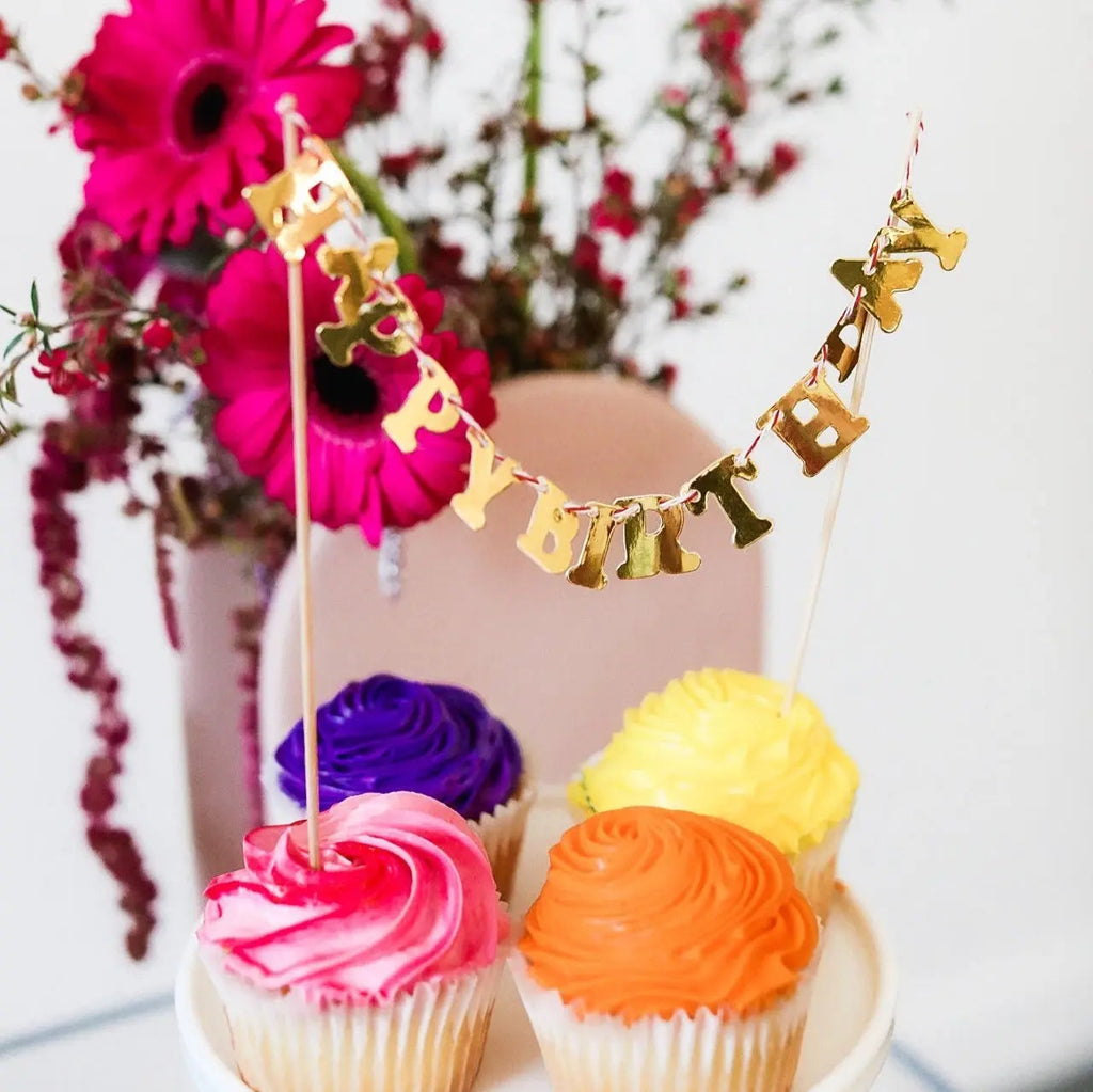 Gold Happy Birthday Cake Banner - Cake Topper