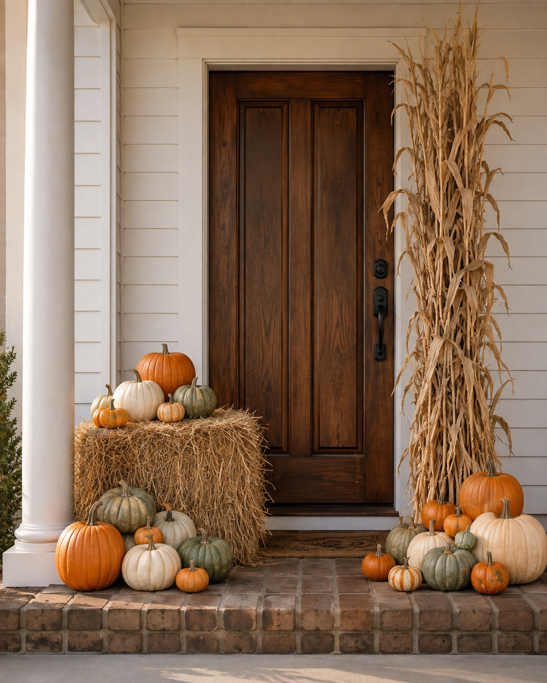 The Pretty Little Porch fall package with approximately 20 pumpkins, one hay bale and cornstalk accents