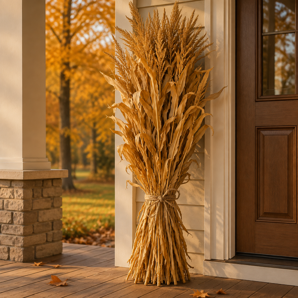 One dried cornstalk bundle styled beside a front door