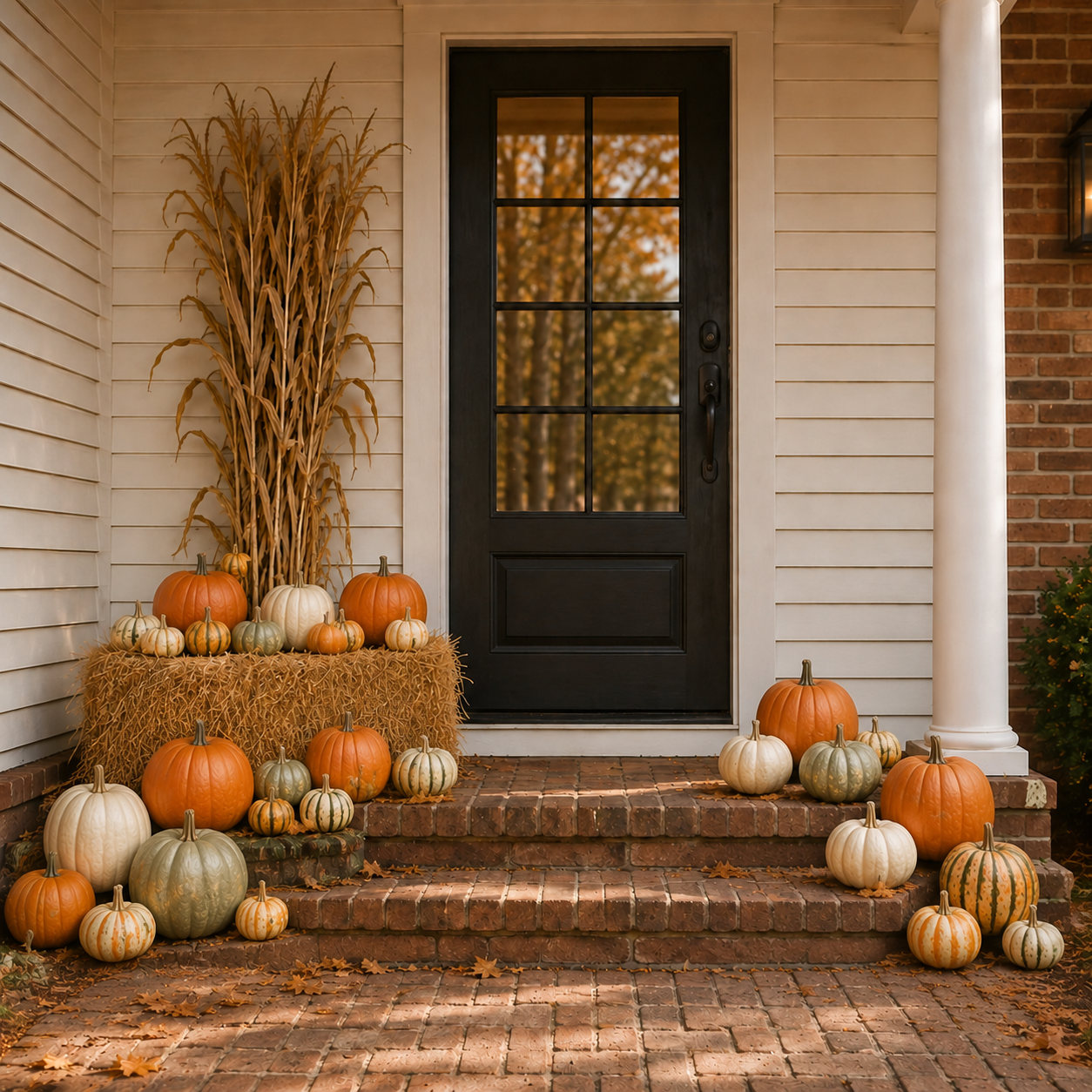 The Harvest fall porch package with approximately 35 pumpkins, one hay bale and cornstalk accents