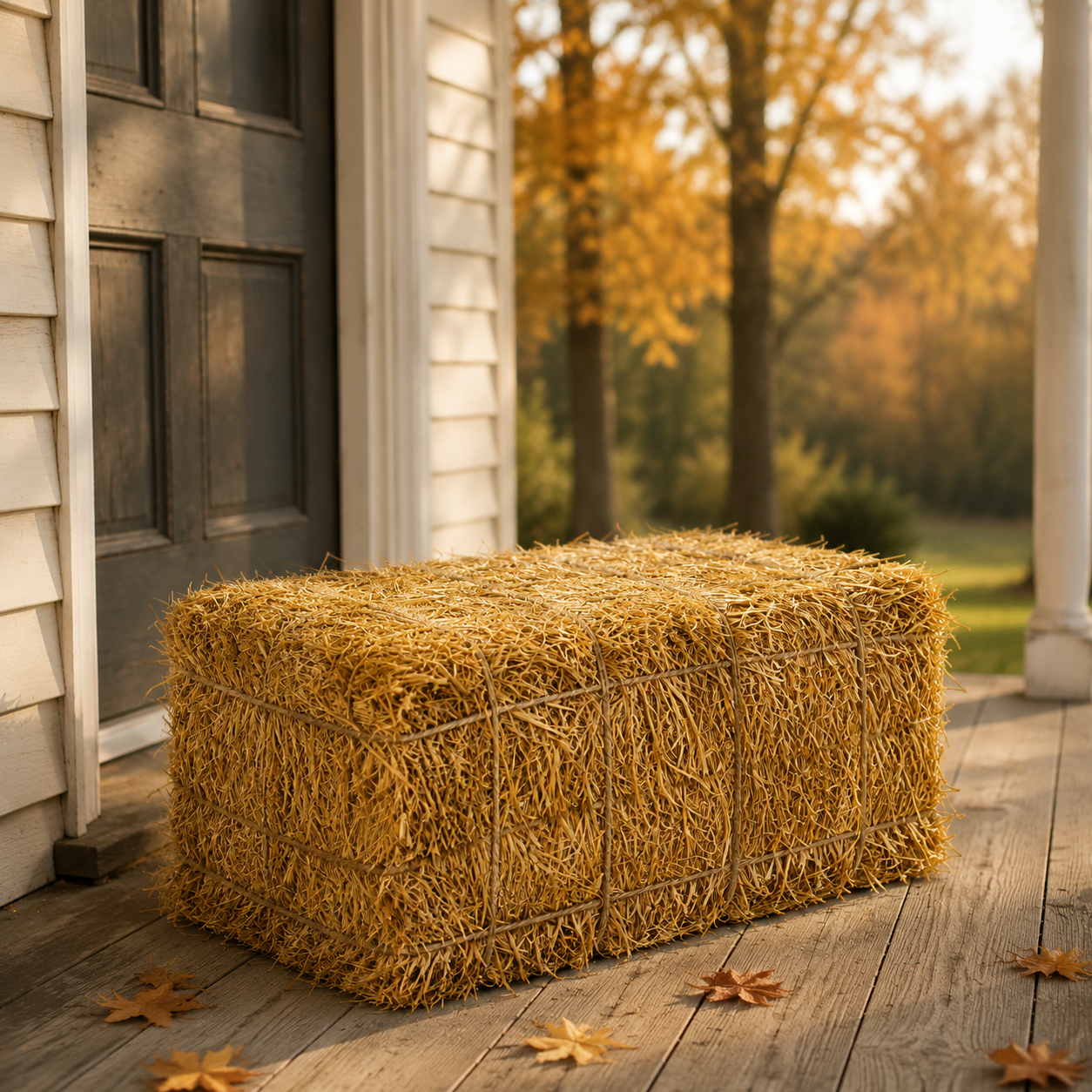 One additional straw bale styled on a front porch