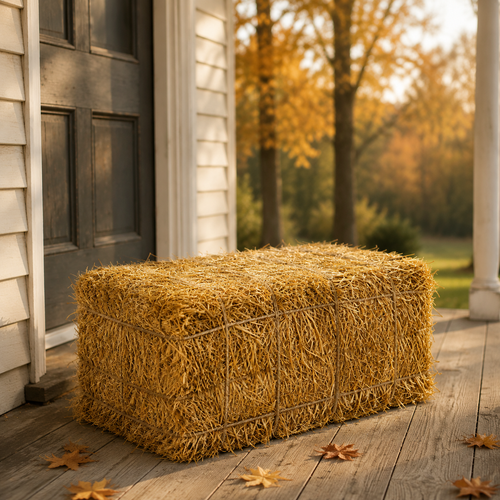 One additional straw bale styled on a front porch