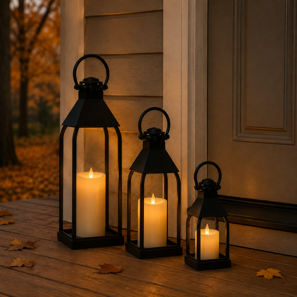 Set of three black lanterns with battery-operated candles on a porch