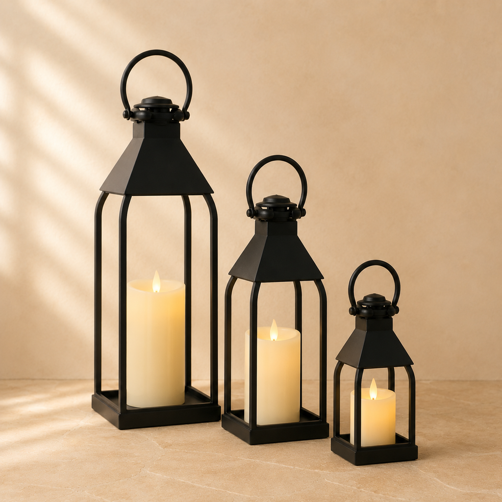 Three graduated black lanterns with battery-operated candles