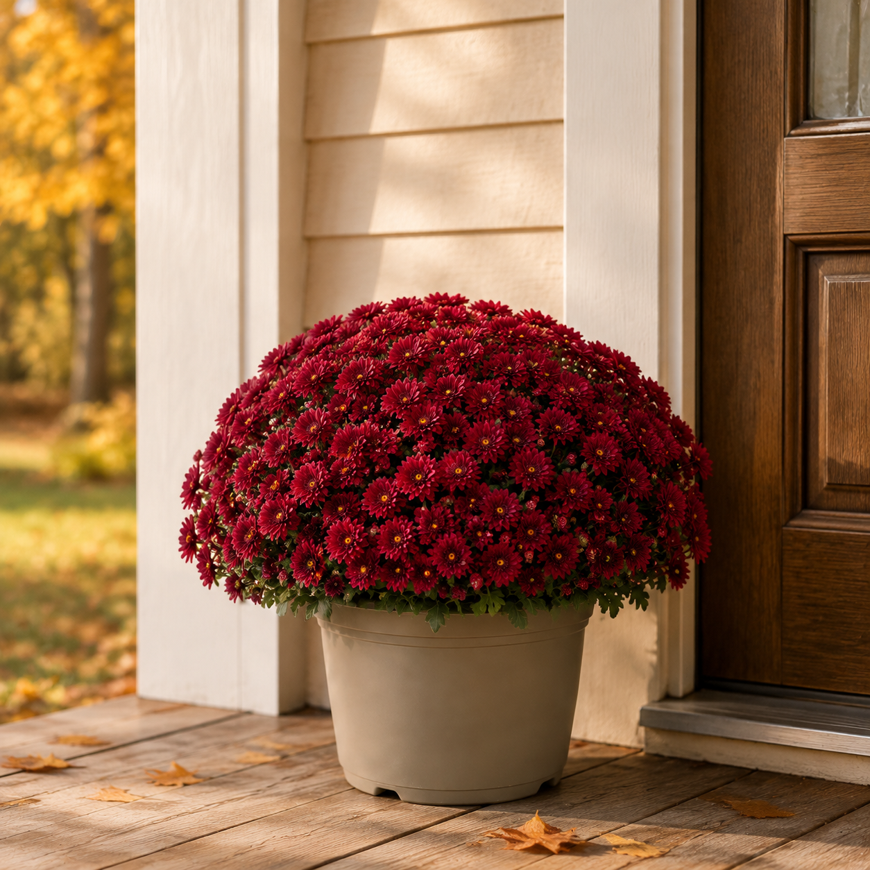 Fall mum add-on styled beside a front door