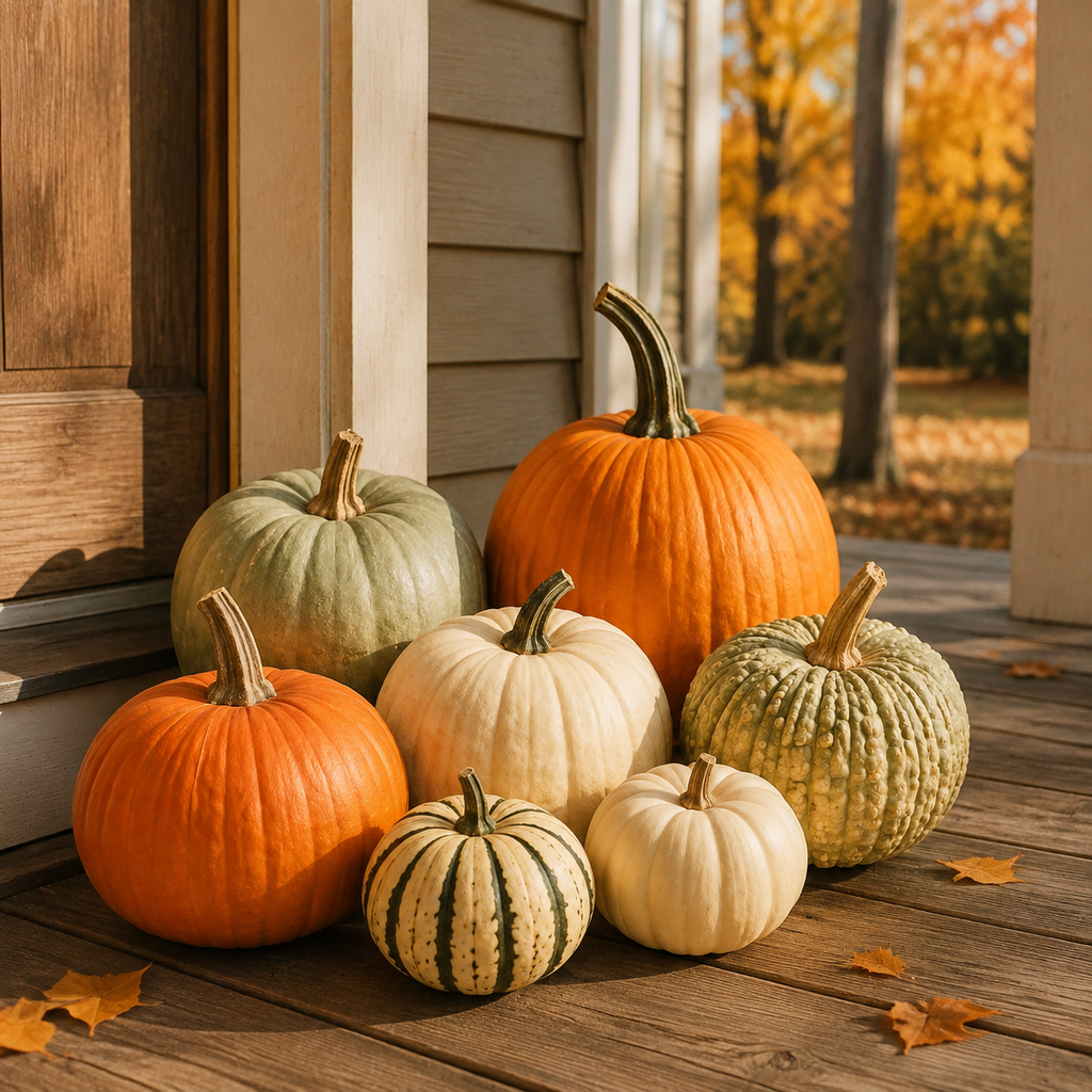 Additional mixed pumpkin cluster styled on a front porch