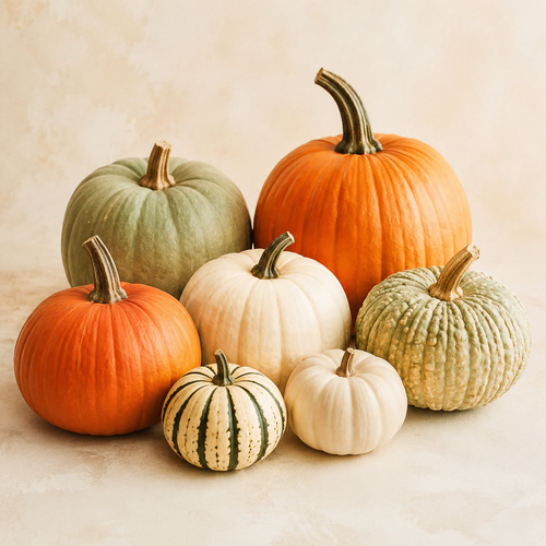 Seven mixed pumpkins and gourds in seasonal colors