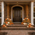 The Signature Porch fall styling package with pumpkins, hay bales and cornstalks
