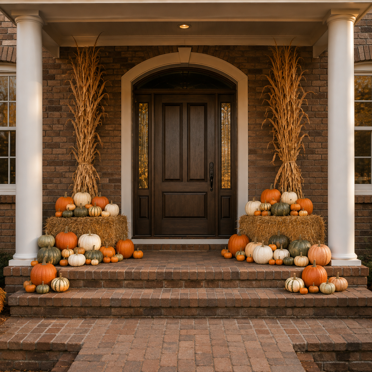 The Signature Porch fall styling package with pumpkins, hay bales and cornstalks